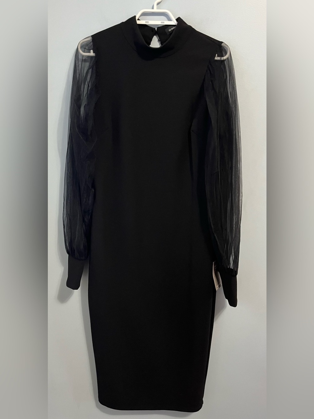 NWT Le Château Black Midi Dress Long Sheer Sleeves High Neck Size L